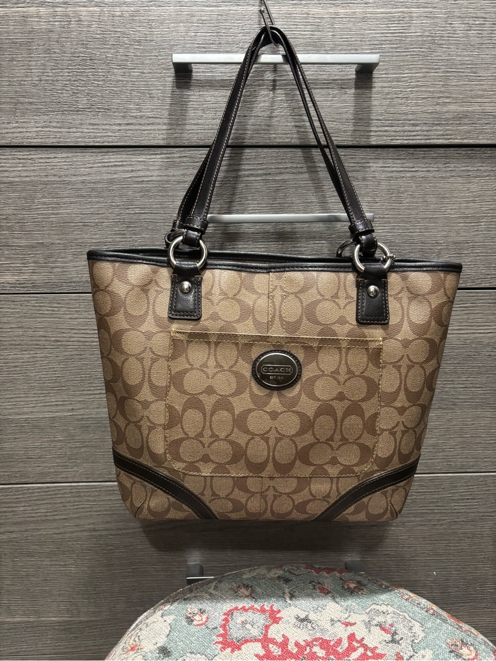 Coach Peyton Signature Heritage Tote Bag Khaki Brown